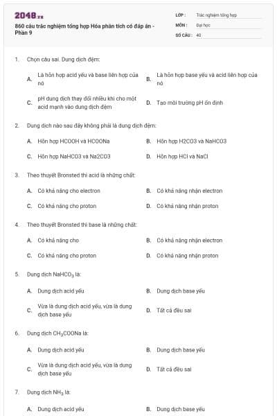 860 câu trắc nghiệm tổng hợp Hóa phân tích có đáp án - Phần 9
