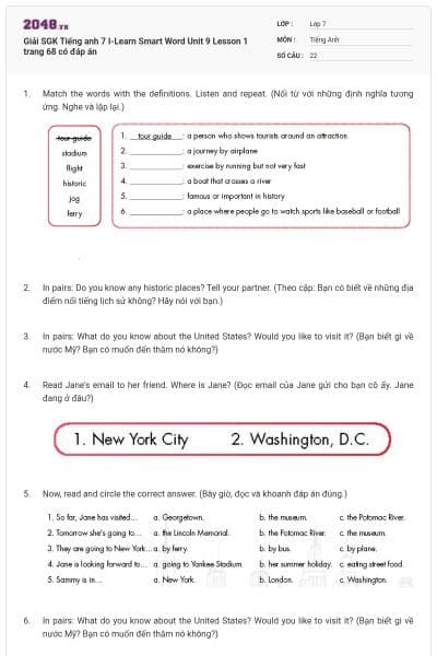 Giải SGK Tiếng anh 7 I-Learn Smart Word Unit 9 Lesson 1 trang 68 có đáp án