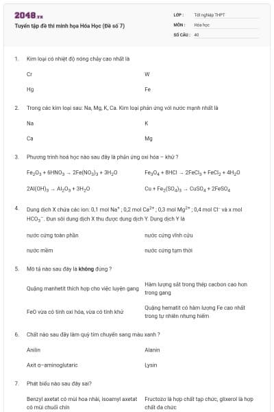 Tuyển tập đề thi minh họa Hóa Học (Đề số 7)
