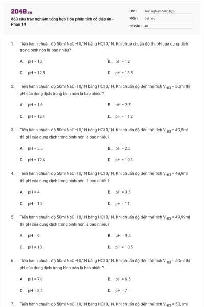 860 câu trắc nghiệm tổng hợp Hóa phân tích có đáp án - Phần 14