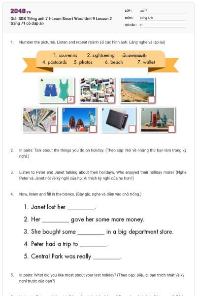 Giải SGK Tiếng anh 7 I-Learn Smart Word Unit 9 Lesson 2 trang 71 có đáp án