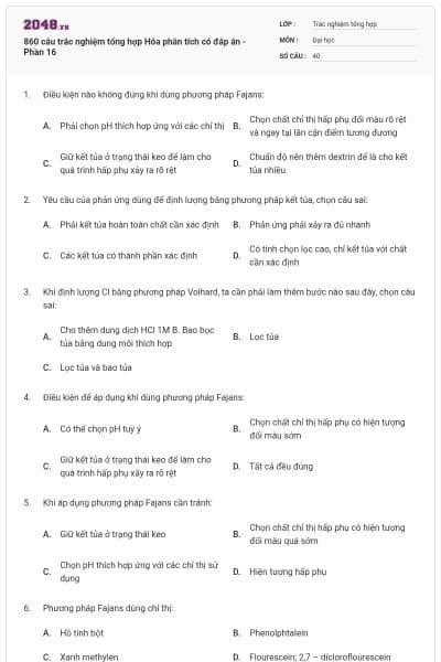 860 câu trắc nghiệm tổng hợp Hóa phân tích có đáp án - Phần 16