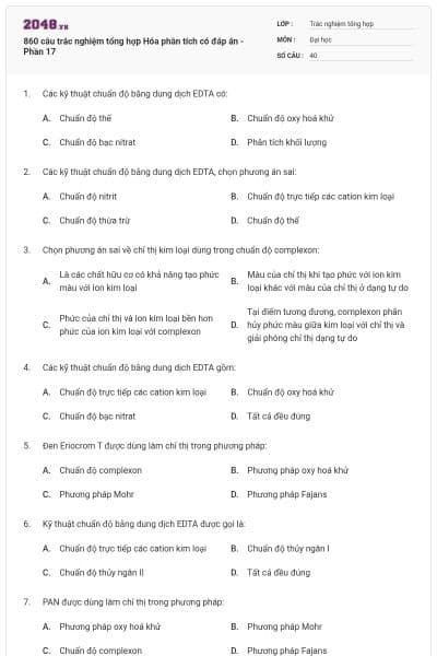 860 câu trắc nghiệm tổng hợp Hóa phân tích có đáp án - Phần 17
