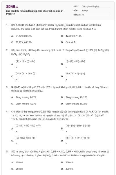 860 câu trắc nghiệm tổng hợp Hóa phân tích có đáp án - Phần 19
