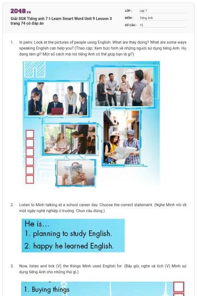 Giải SGK Tiếng anh 7 I-Learn Smart Word Unit 9 Lesson 3 trang 74 có đáp án