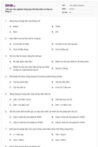 100 câu trắc nghiệm tổng hợp Vật liệu điện có đáp án - Phần 2