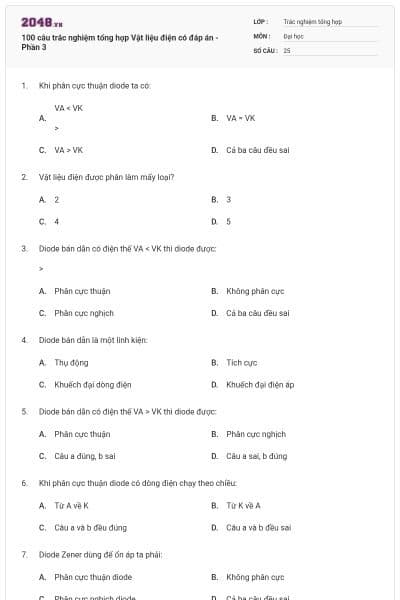 100 câu trắc nghiệm tổng hợp Vật liệu điện có đáp án - Phần 3