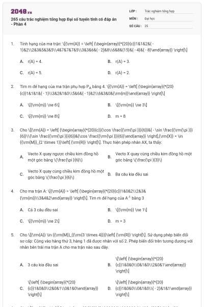 265 câu trắc nghiệm tổng hợp Đại số tuyến tính có đáp án - Phần 4