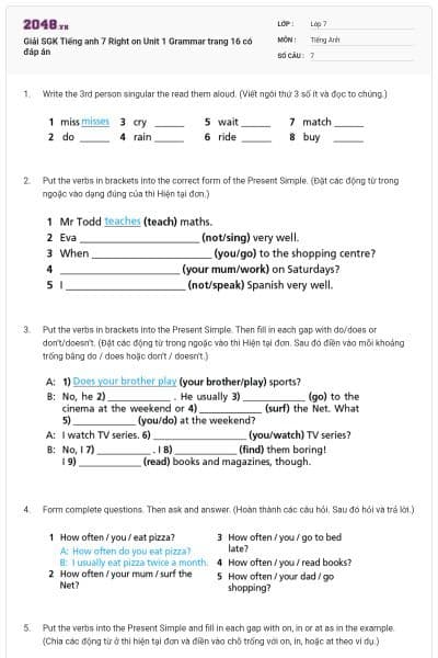 Giải SGK Tiếng anh 7 Right on Unit 1 Grammar trang 16 có đáp án