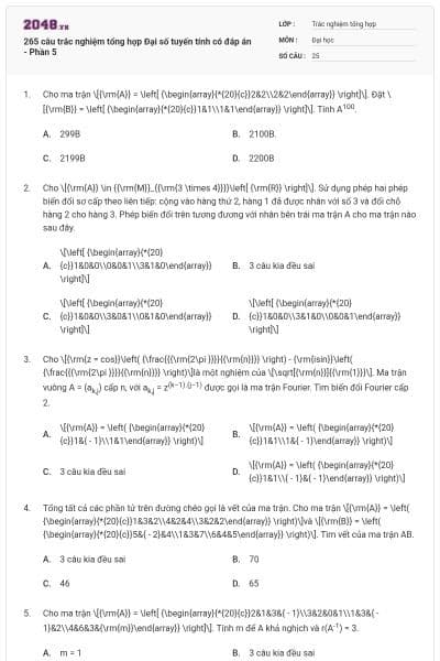 265 câu trắc nghiệm tổng hợp Đại số tuyến tính có đáp án - Phần 5