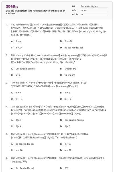 265 câu trắc nghiệm tổng hợp Đại số tuyến tính có đáp án - Phần 6