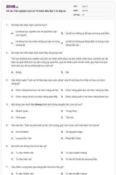 34 câu Trắc nghiệm Lịch sử 10 Cánh diều Bài 1 có đáp án