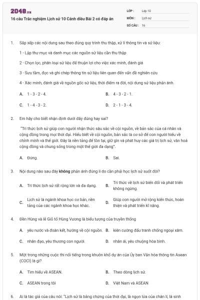 16 câu Trắc nghiệm Lịch sử 10 Cánh diều Bài 2 có đáp án
