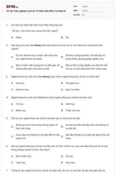 33 câu Trắc nghiệm Lịch sử 10 Cánh diều Bài 3 có đáp án