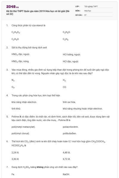 Đề thi thử THPT Quốc gia năm 2019 Hóa học có lời giải (Đề số 22)