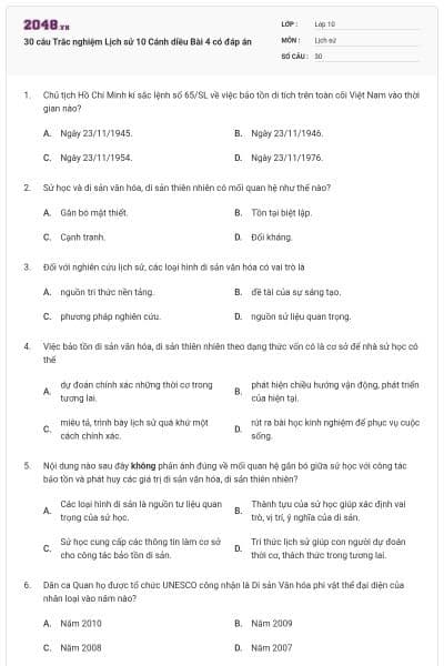 30 câu Trắc nghiệm Lịch sử 10 Cánh diều Bài 4 có đáp án