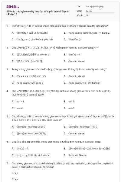 265 câu trắc nghiệm tổng hợp Đại số tuyến tính có đáp án - Phần 10