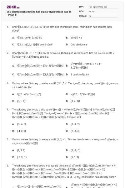 265 câu trắc nghiệm tổng hợp Đại số tuyến tính có đáp án - Phần 11
