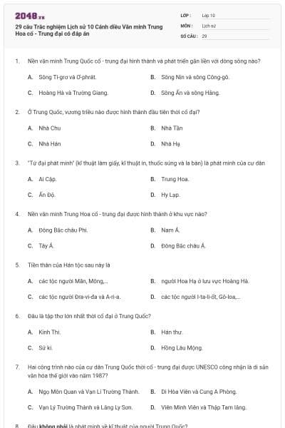 29 câu Trắc nghiệm Lịch sử 10 Cánh diều Văn minh Trung Hoa cổ - Trung đại có đáp án