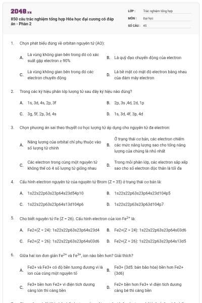 850 câu trắc nghiệm tổng hợp Hóa học đại cương có đáp án - Phần 2
