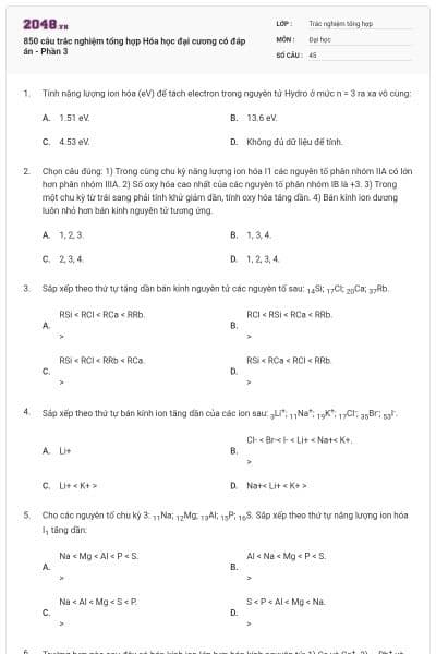 850 câu trắc nghiệm tổng hợp Hóa học đại cương có đáp án - Phần 3