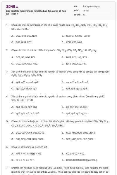 850 câu trắc nghiệm tổng hợp Hóa học đại cương có đáp án - Phần 4