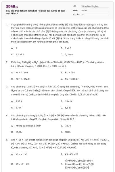 850 câu trắc nghiệm tổng hợp Hóa học đại cương có đáp án - Phần 7