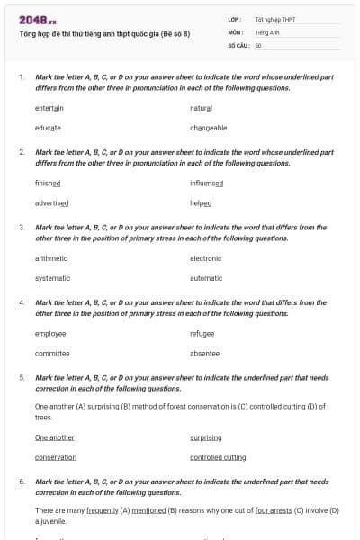 Tổng hợp đề thi thử tiếng anh thpt quốc gia (Đề số 8)