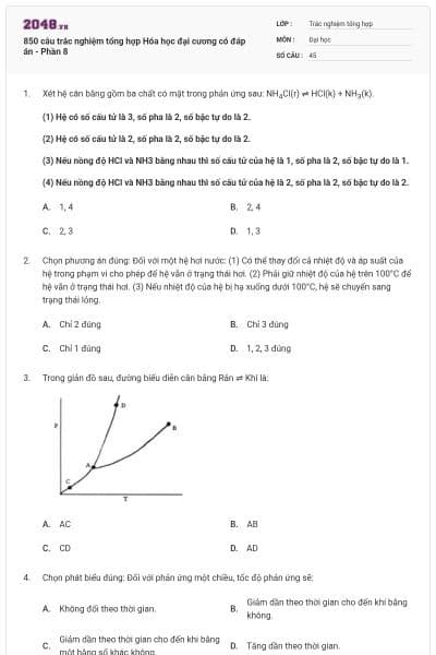 850 câu trắc nghiệm tổng hợp Hóa học đại cương có đáp án - Phần 8