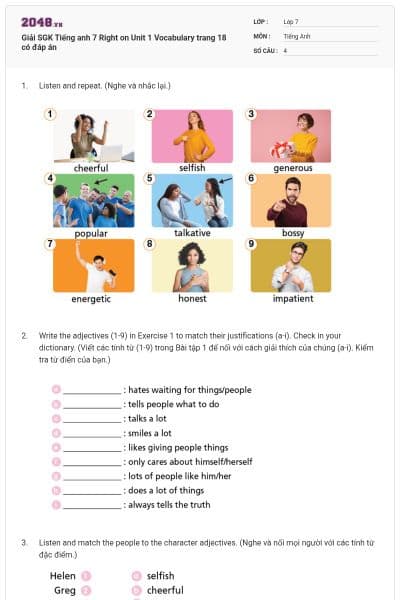 Giải SGK Tiếng anh 7 Right on Unit 1 Vocabulary trang 18 có đáp án