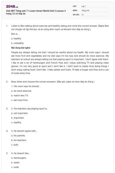 Giải SBT Tiếng anh 7 I-Learn Smart World Unit 2 Lesson 3 trang 12 có đáp án