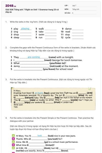 Giải SGK Tiếng anh 7 Right on Unit 1 Grammar trang 20 có đáp án