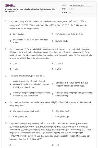 850 câu trắc nghiệm tổng hợp Hóa học đại cương có đáp án - Phần 12