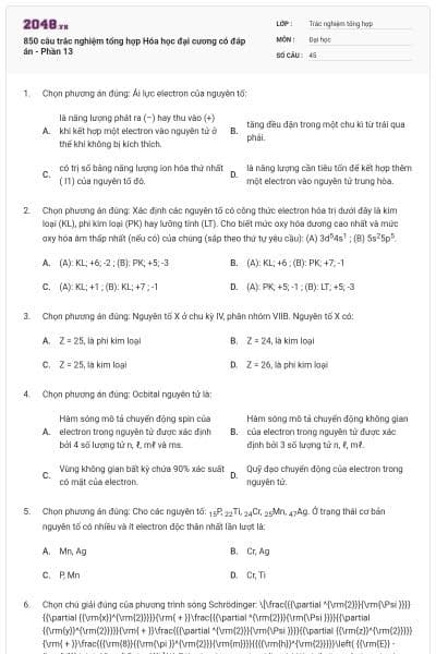 850 câu trắc nghiệm tổng hợp Hóa học đại cương có đáp án - Phần 13