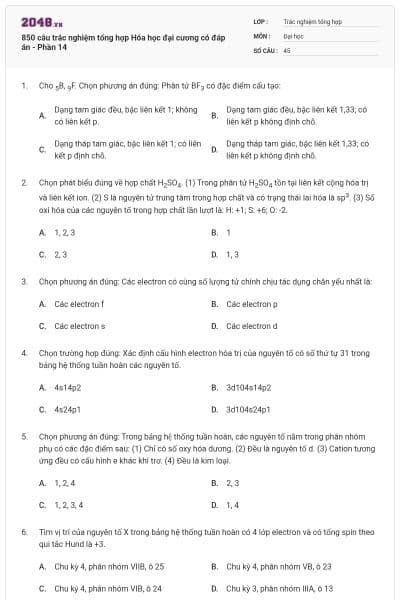 850 câu trắc nghiệm tổng hợp Hóa học đại cương có đáp án - Phần 14