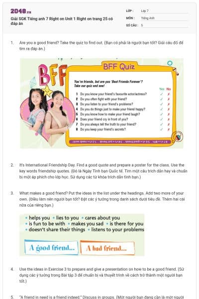 Giải SGK Tiếng anh 7 Right on Unit 1 Right on trang 25 có đáp án