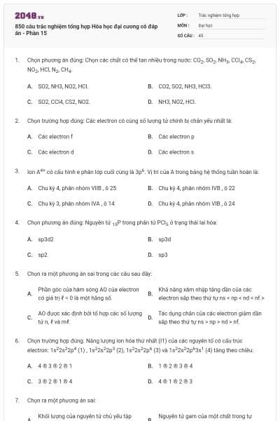 850 câu trắc nghiệm tổng hợp Hóa học đại cương có đáp án - Phần 15
