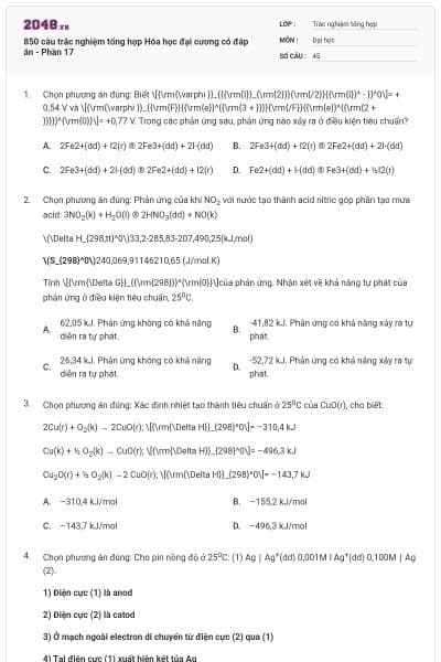 850 câu trắc nghiệm tổng hợp Hóa học đại cương có đáp án - Phần 17