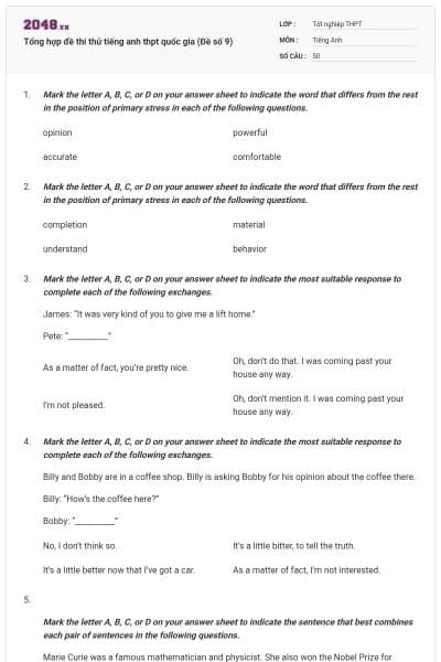 Tổng hợp đề thi thử tiếng anh thpt quốc gia (Đề số 9)