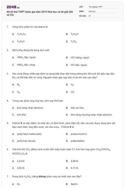 Đề thi thử THPT Quốc gia năm 2019 Hóa học có lời giải (Đề số 22)