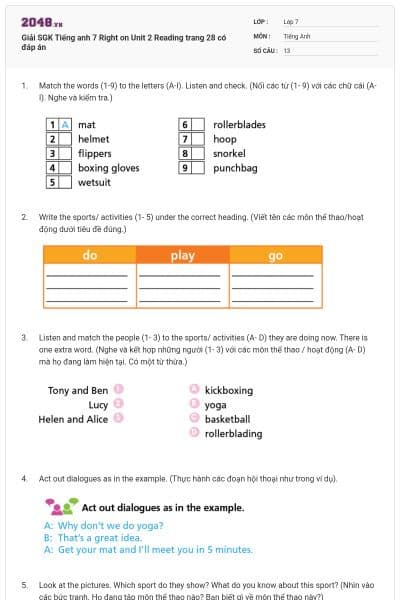 Giải SGK Tiếng anh 7 Right on Unit 2 Reading trang 28 có đáp án