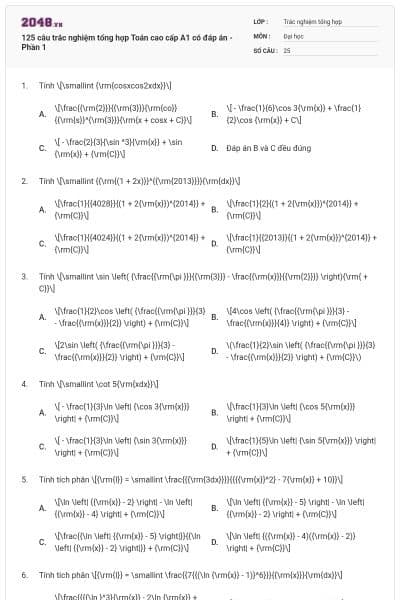 125 câu trắc nghiệm tổng hợp Toán cao cấp A1 có đáp án - Phần 1