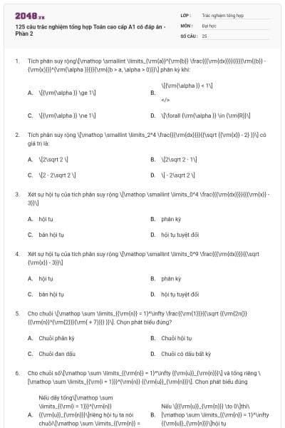 125 câu trắc nghiệm tổng hợp Toán cao cấp A1 có đáp án - Phần 2