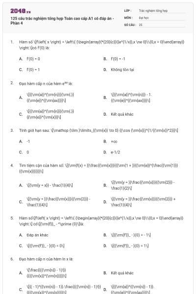125 câu trắc nghiệm tổng hợp Toán cao cấp A1 có đáp án - Phần 4
