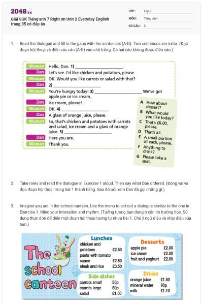 Giải SGK Tiếng anh 7 Right on Unit 2 Everyday English trang 35 có đáp án