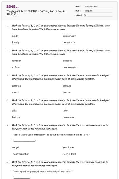 Tổng hợp đề thi thử THPTQG môn Tiếng Anh có đáp án (Đề số 21)