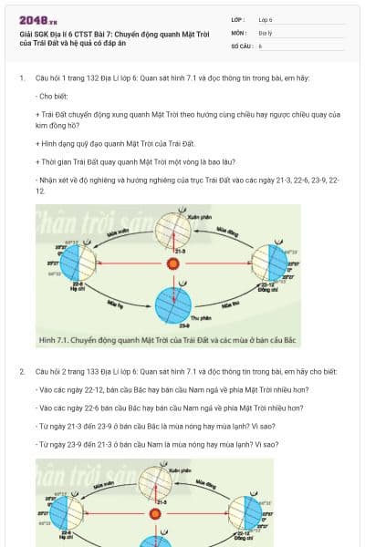 Giải SGK Địa lí 6 CTST Bài 7: Chuyển động quanh Mặt Trời của Trái Đất và hệ quả có đáp án
