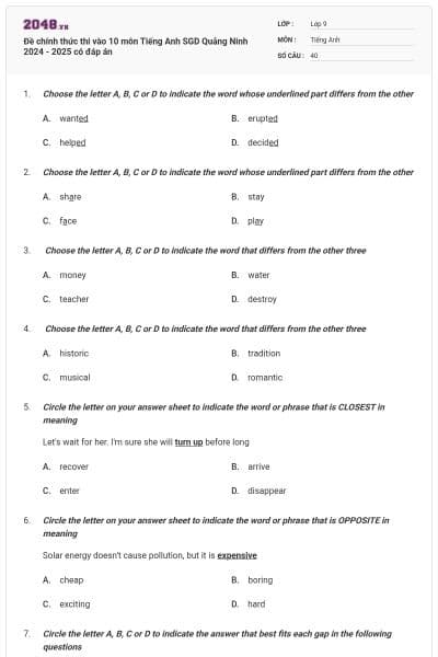 Đề chính thức thi vào 10 môn Tiếng Anh SGD Quảng Ninh 2024 - 2025 có đáp án