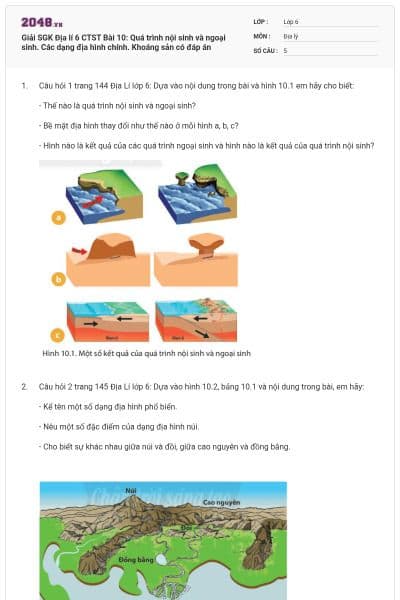 Giải SGK Địa lí 6 CTST Bài 10: Quá trình nội sinh và ngoại sinh. Các dạng địa hình chính. Khoáng sản có đáp án