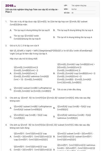 220 câu trắc nghiệm tổng hợp Toán cao cấp A2 có đáp án - Phần 2